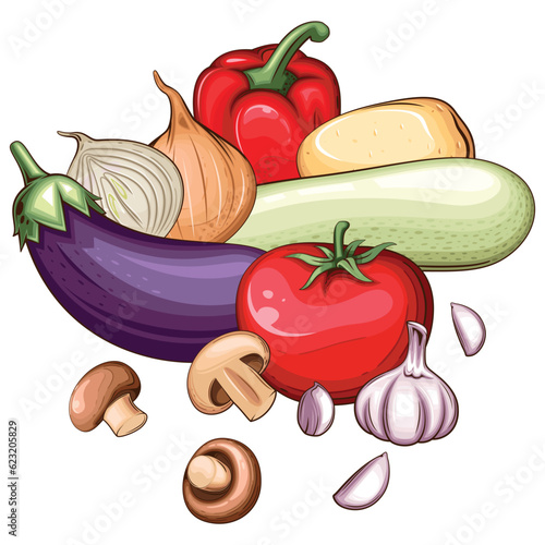 Fresh Vegetables Illustration,  Vegetables Mix of Potato, Tomato, Onion, Mushroom, Garlic, Eggplant and Bell Pepper