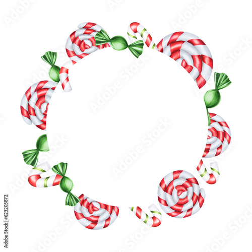 Watercolor frame with christmas candy canes illustration. New year hand painting lollipop clip art isolated on white background. For designers, food  © Natalia