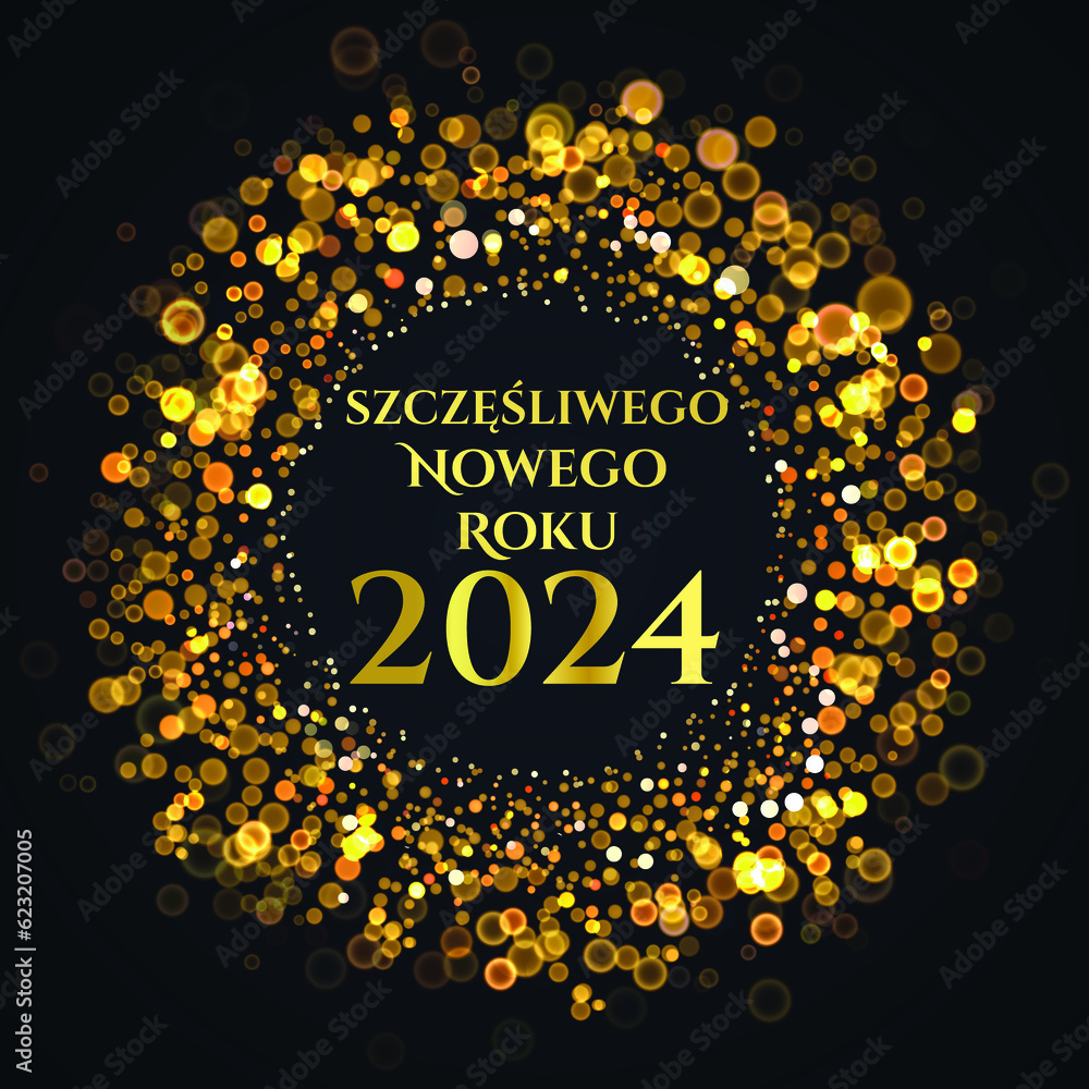 karta lub baner, aby życzyć szczęśliwego nowego roku 2024 w złocie w