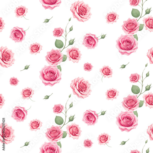 Seamless pattern pink rose flower and soft buds elements on white background