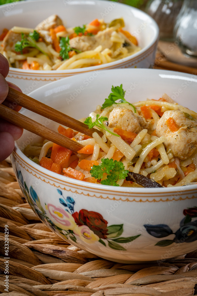 Fried noodles with chicken and vegetables. Fried noodles with chicken and vegetables.