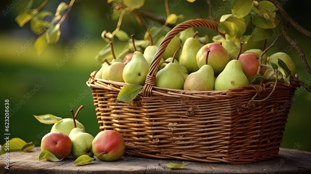 A basket of fresh ripe pears on a wooden table in the garden. Created with Generative Ai technology. A basket of fresh ripe pears on a wooden table in the garden. Created with Generative Ai technology.