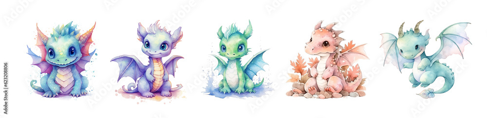 Сute watercolor colorful dragons set, isolated on white. Generative AI