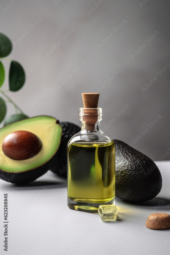Avocado natural essential oil in glass bottle with fresh avocado fruit, still life composition. Avocado natural essential oil in glass bottle with fresh avocado fruit, still life composition.