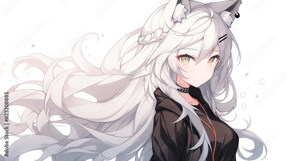 Fototapeta premium Young cat girl, anime character, cute pointy ears. Colourful background wallpaper. Created with Generative AI.