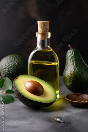 Avocado natural essential oil in glass bottle with fresh avocado fruit, still life composition. 