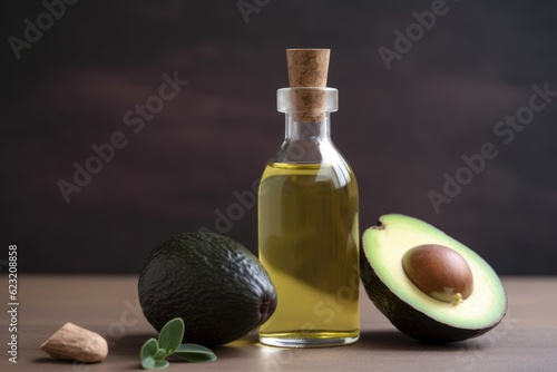 Avocado natural essential oil in glass bottle with fresh avocado fruit, still life composition. 