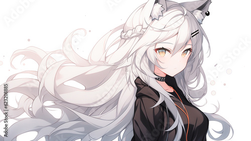 Young cat girl, anime character, cute pointy ears. Colourful background wallpaper. Created with Generative AI.