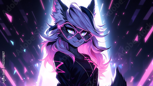 Young cat girl, anime character, cute pointy ears. Colourful background wallpaper. Created with Generative AI.