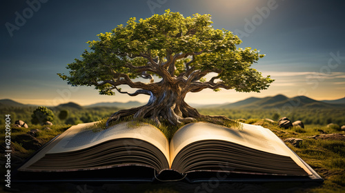 An open book with tree growing out of it, concept of knowledge 
