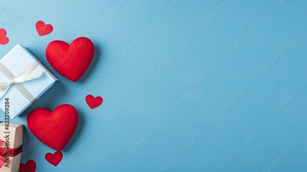 Red hearts on the blue background