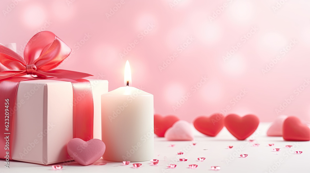 Love heart, romantic gift box, candle on white Valentines day background. 