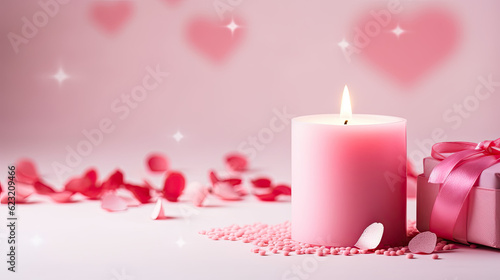Love heart  romantic gift box  candle on white Valentines day background. 