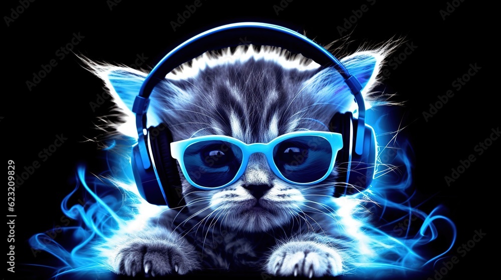 Cool cat in headphones and sunglasses listens to music. Close portrait of furry kitty in fashion style. Generative AI illustration. Printable design for t-shirts, mugs, cases, etc.