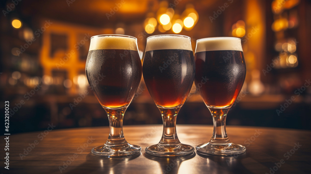 three glasses of beer close-up on the table. Generative Ai. three glasses of beer close-up on the table. Generative Ai.