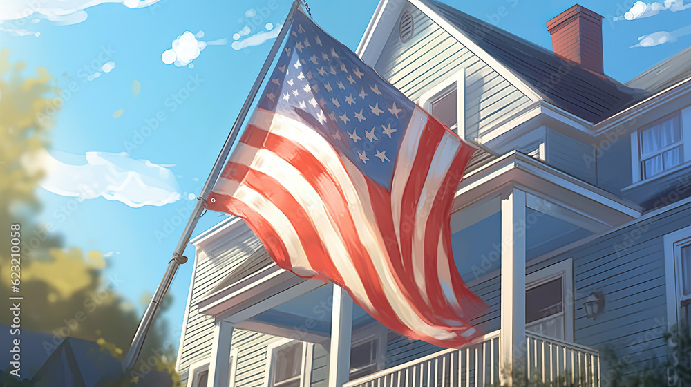 USA flag on corner of living house. Symbol of patriotism. 