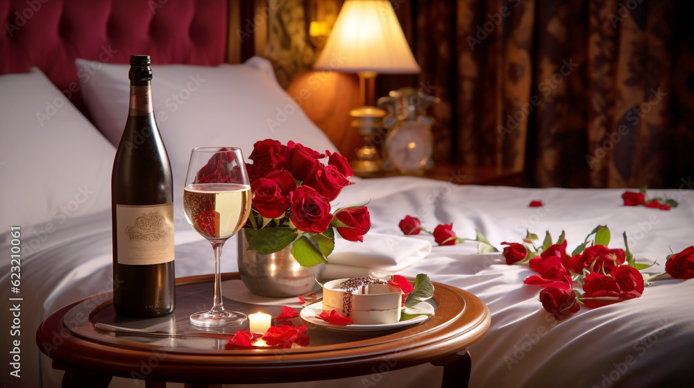 a tray with a bottle of wine, a bouquet of roses, with flower petals scattered over the bed. romantic evening at the hotel. Generative Ai. 