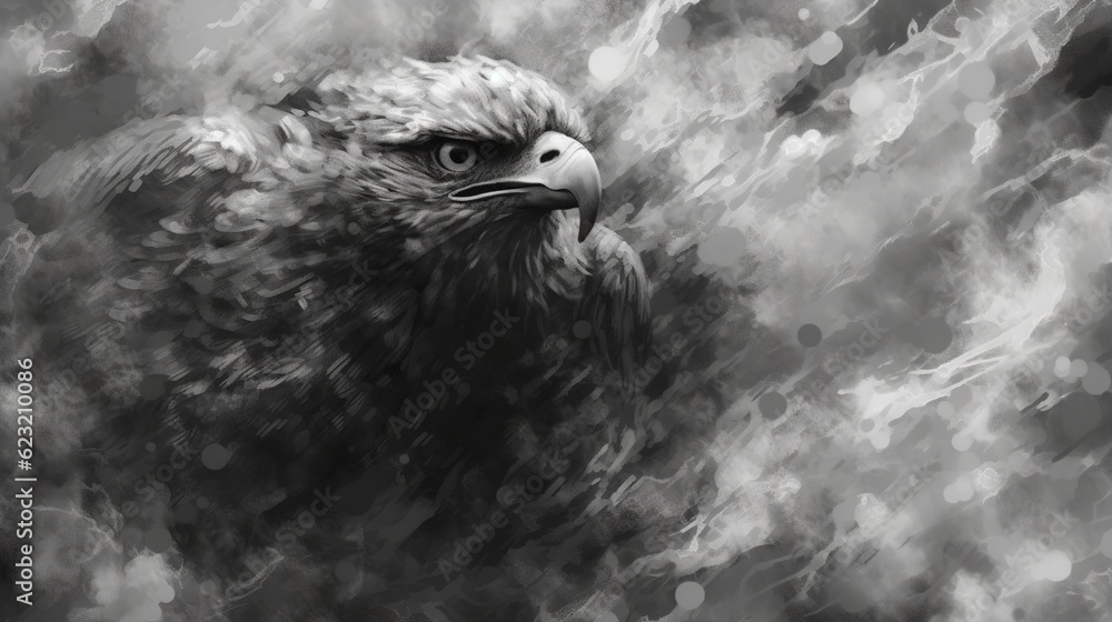 Fototapeta premium Gray clouds form a futuristic unusual bird of prey such as an eagle or a hawk. Creative concept. Generative AI. Illustration for cover, card, postcard, interior design, decor, invitations or print.