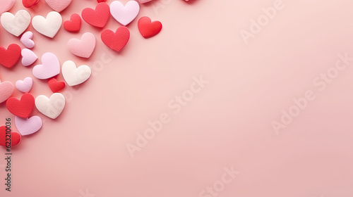 Red and pink hearts on the pastel pink background, Valentine's day background