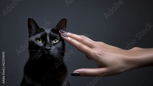 well-groomed female hand with manicure plays with a black cat. Generative Ai.  photo