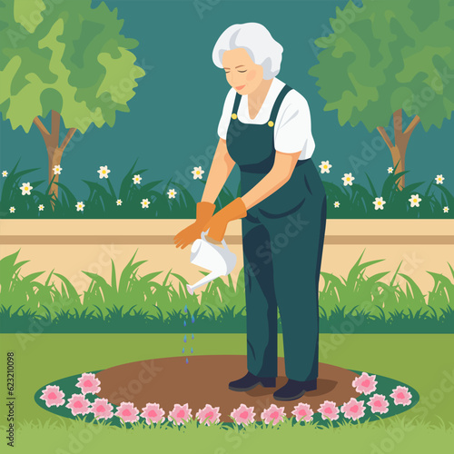 Vector illustration in a flat style, gray-haired grandmother 60+ pensioner watering flowers. The end of farming, business and gardening in old age.