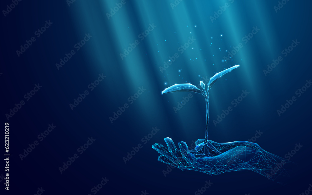 Right Hand Holding Seedling Plant Grows Under the Sun Rays. Hand Open Palm Holds Digital Young Sprout in Soil. The concept of ecology of conservation and growth. Low Poly Wireframe Vector Illustration