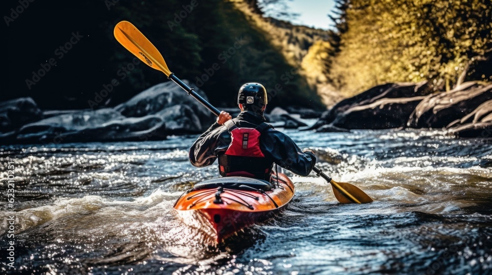Fototapeta premium Rear view of paddling a kayak in a clear river