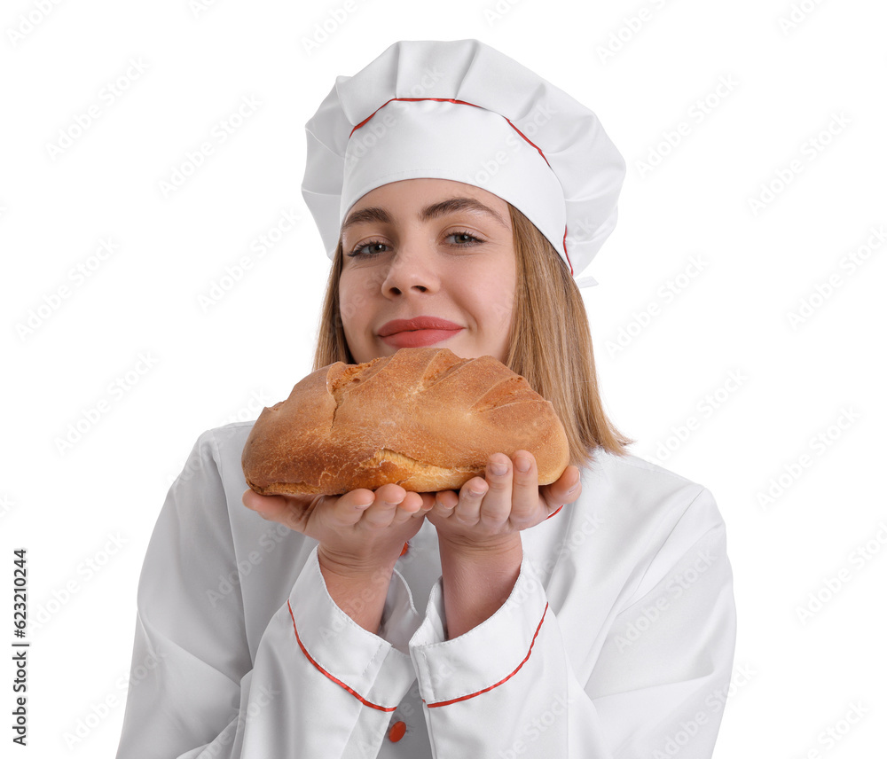 Female baker with fresh bread on white background, closeup Female baker with fresh bread on white background, closeup