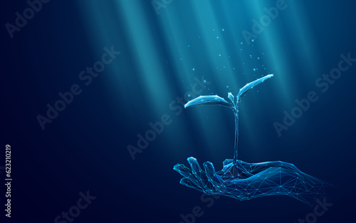 Right Hand Holding Seedling Plant Grows Under the Sun Rays. Hand Open Palm Holds Digital Young Sprout in Soil. The concept of ecology of conservation and growth. Low Poly Wireframe Vector Illustration
