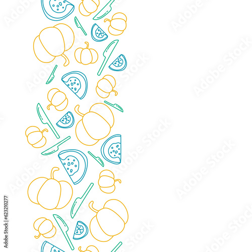 vertical colorful doodle line egg custard in pumpkin Thai dessert seamless pattern on white background. vector abstract illustration.