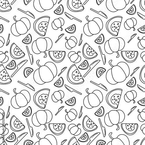 doodle line egg custard in pumpkin Thai dessert seamless pattern on white background. vector abstract illustration.