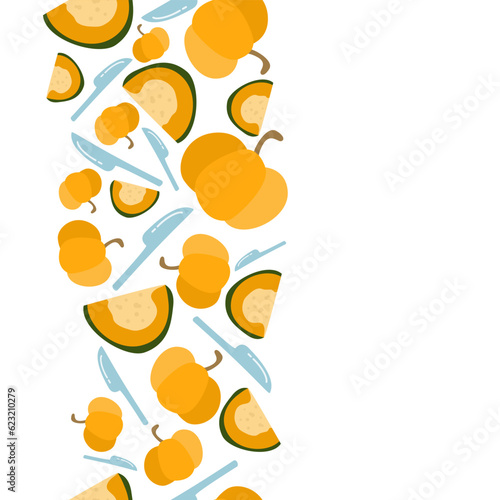 vertical colorful egg custard in pumpkin Thai dessert seamless pattern on white background. vector abstract illustration.