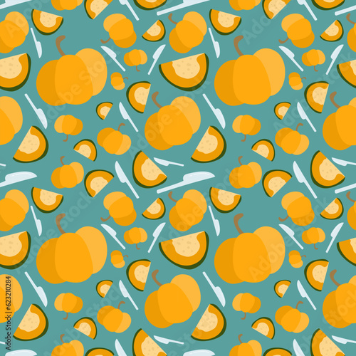 colorful egg custard in pumpkin Thai dessert seamless pattern on blue background. vector abstract illustration.