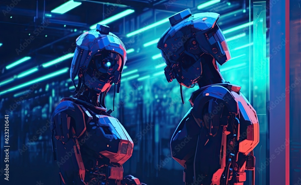 Two futuristic robots looking at each other