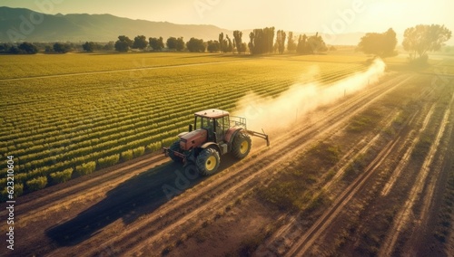 Pesticide spraying tractor in green field © Instacraft.Studio