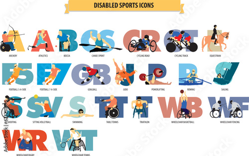 vector, illustration, symbol, design, set, sports, icons, olympic, football 5-a-side, swimming, wheelchair basketball, volleyball, archery, badminton, wheelchair tennis, wheelchair fencing