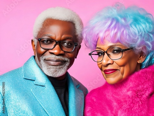 A cheerful elderly African-American man in glasses and a jacket with gray hair, standing next to a pink-haired woman with bright makeup, Generative AI, Generative, AI