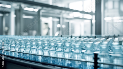 Conveyor belt with glass bottles of drinking water at a modern beverage plant.