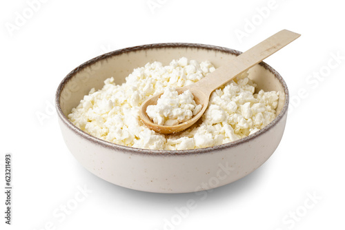 Bowl with tasty cottage cheese on white background