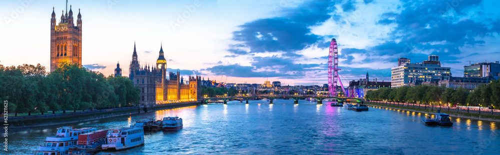 Bigh Ben and Thames riverfront sundown panoramic view in London