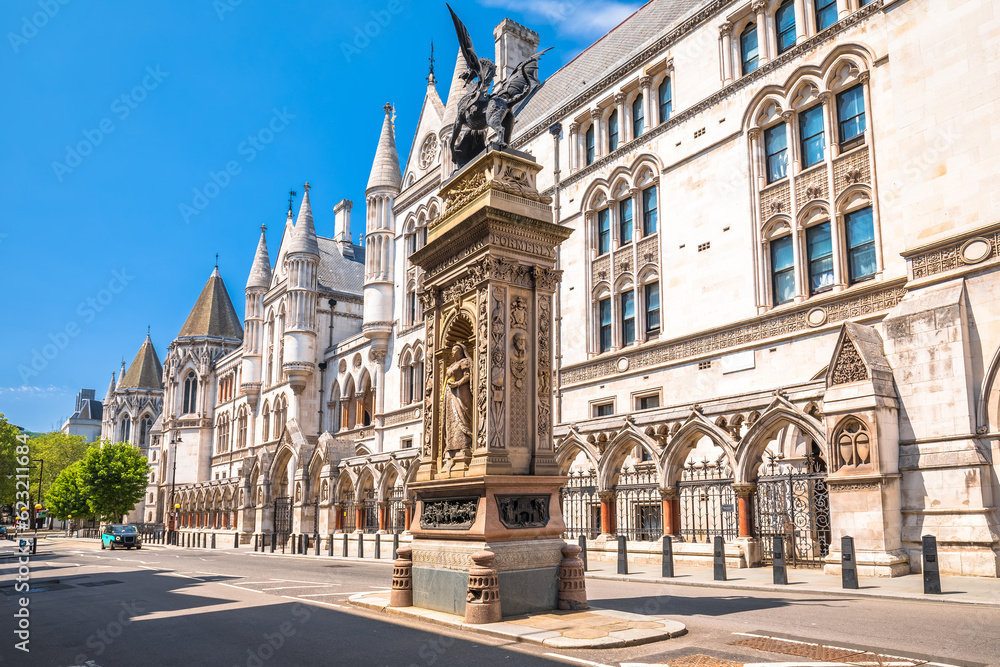 Temple Bar Memorial and Royal Courts of Justice in London street view