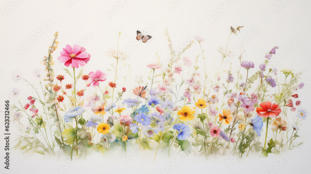 A pastel watercolor drawing of small colorful flowers and butterflies