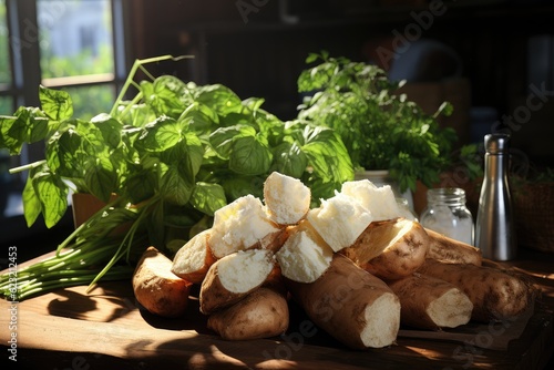 Peeled cassava tubers on a wooden board. Brazilian cuisine ingredient. Generative AI photo