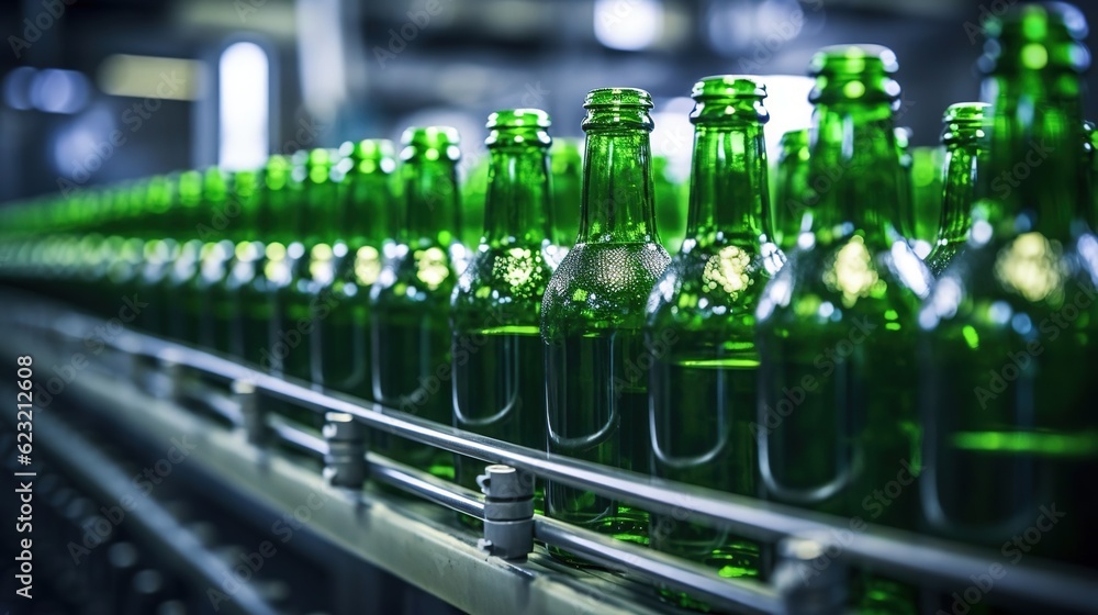 Green beer bottles on production line, factory background. Created with Generative Ai technology.