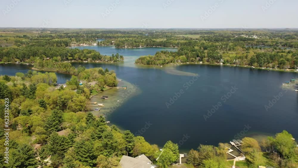 Aerial view of Chain O' Lakes-King, Wisconsin. Serene lakes, scenic nature, and outdoor activities. Perfect for boating, fishing Aerial view of Chain O' Lakes-King, Wisconsin. Serene lakes, scenic nature, and outdoor activities. Perfect for boating, fishing