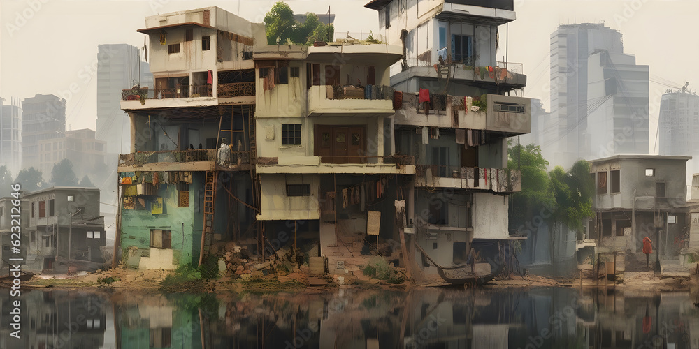 Income inequality, A stark contrast between luxurious mansions and dilapidated shanty houses, A crowded urban slum, A sense of disparity and unfairness