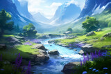 Stream in a green valley, fantasy landscape painting, pastoral, idyllic