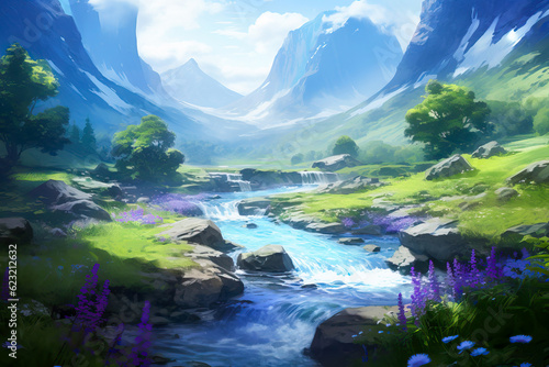 Stream in a green valley  fantasy landscape painting  pastoral  idyllic