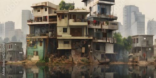 Income inequality, A stark contrast between luxurious mansions and dilapidated shanty houses, A crowded urban slum, A sense of disparity and unfairness © ckybe