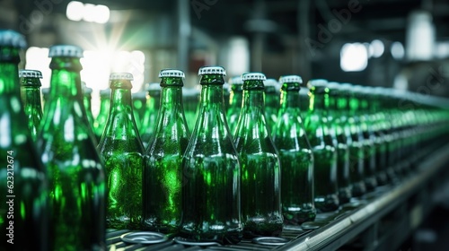 Green beer bottles on production line, factory background. Created with Generative Ai technology.